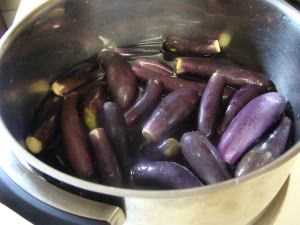 Baby brinjals, also known as eggplant.