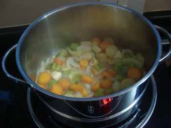 Borscht vegetables simmering in stock