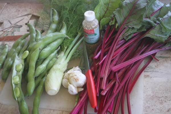 Broad beans, beet tops and fennel with spices