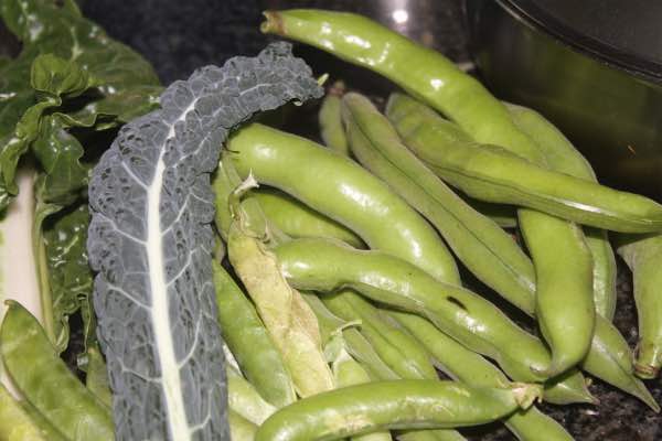 Broad beans, kale, spinach, peas supper