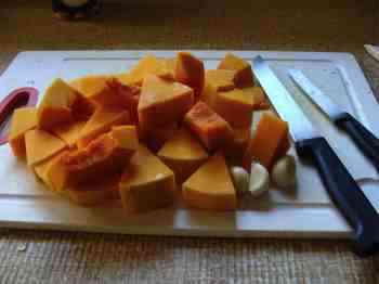 Chopped butternut squash for a soup recipe.