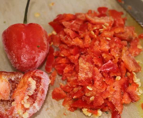 Chopping frozen peppadews Chopping frozen peppadews