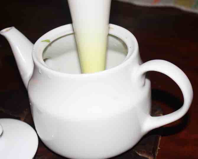 Green oats in a teapot with a stick-blender. Green oats in a teapot with a stick-blender.