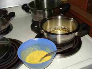 Add the yolks to the melted butter for your Hollandaise sauce. Add the yolks to the melted butter for your Hollandaise sauce.