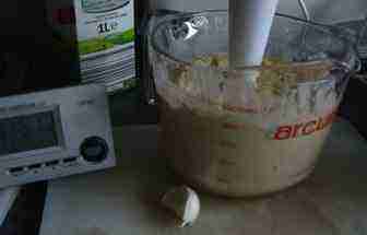 Hummus and garlic in blender