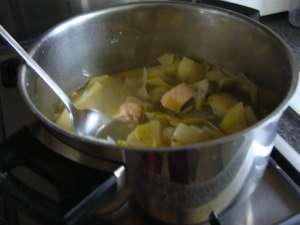 The completed Irish potato, leek and salmon soup. The completed Irish potato, leek and salmon soup.