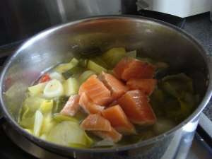 Irish potato leek soup with salmon. Irish potato leek soup with salmon.