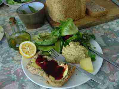 Bread and butter with a salad should be a part of the staple diet; add hummus and cheese for protein. Bread and butter with a salad should be a part of the staple diet; add hummus and cheese for protein.