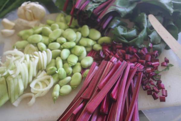Pod the broad beans and slice the beet tops
