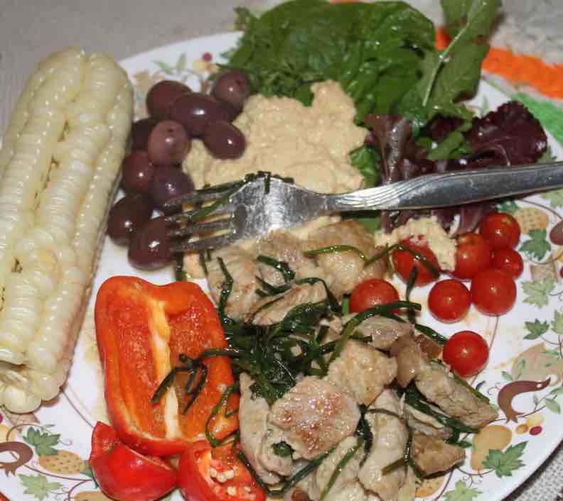 Pork slithers with chives lunch plate. Pork slithers with chives lunch plate.