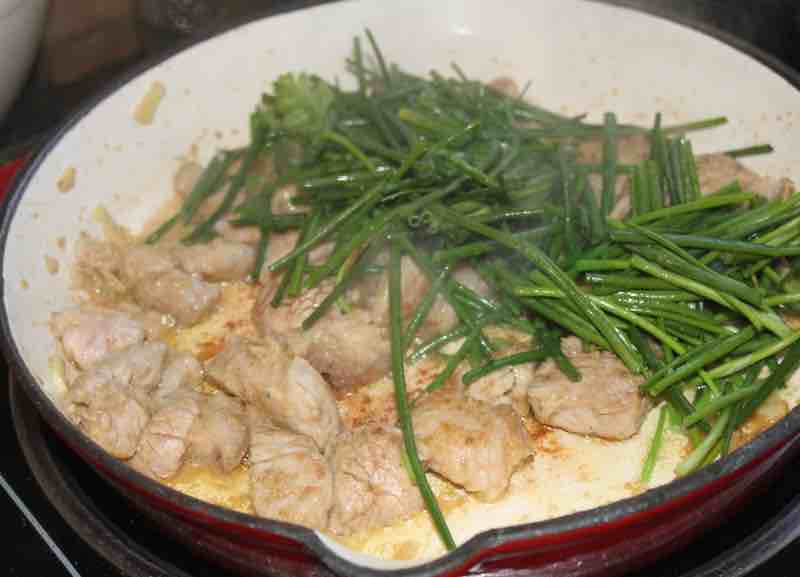 Pork slithers and chives.