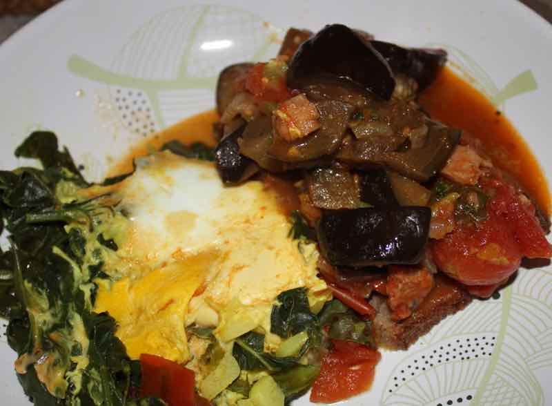 Eggs Florentine and ratatouille. Ratatouille and eggs Florentine.