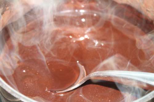 Simmer the cocoa paste for about one minute Simmer the cocoa paste for about one minute