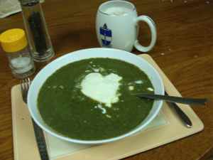 Spinach soup with yoghurt or cream.