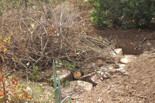 A sunken pit is the start of a raised garden bed A sunken pit is the start of a raised garden bed