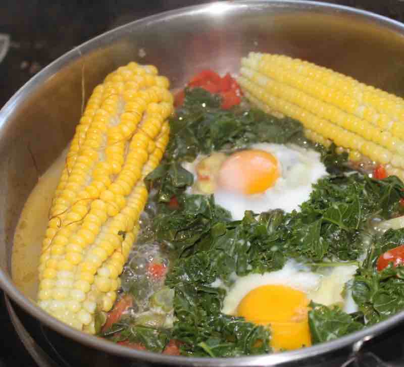 Eggs Hilton with corn in pot